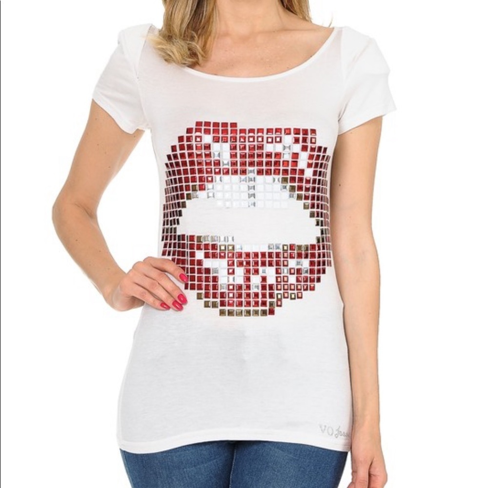 Red White Studded Lips Tee Shirt
